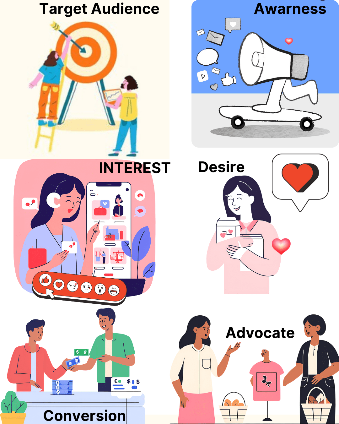 Digital marketing customer journey with photos and text representing each stage which is Target audience, awareness, interest, desire, conversion and advocate stage.