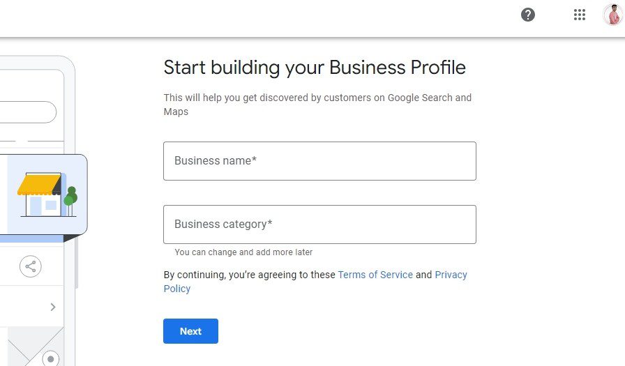 An image showing options to write business name and business category to build business profile for google my business.