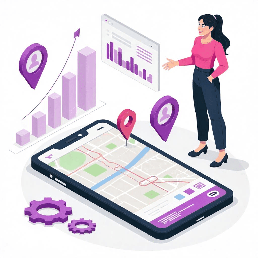 A women analyzing analytics of business on the map in mobile.