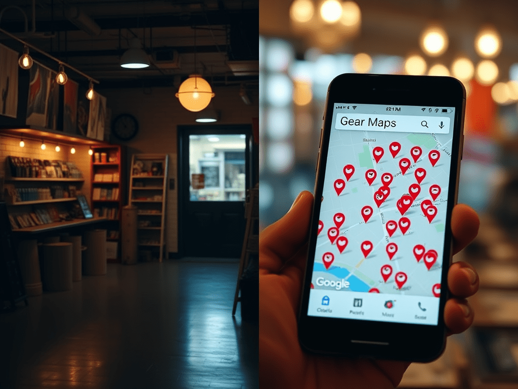 A split-screen or contrast image. On one side, show a quiet, empty local shop. On the other side, show a close-up of a smartphone screen displaying a Google Maps search for "near me" with lots of pins indicating business is visible where customers are searching.
